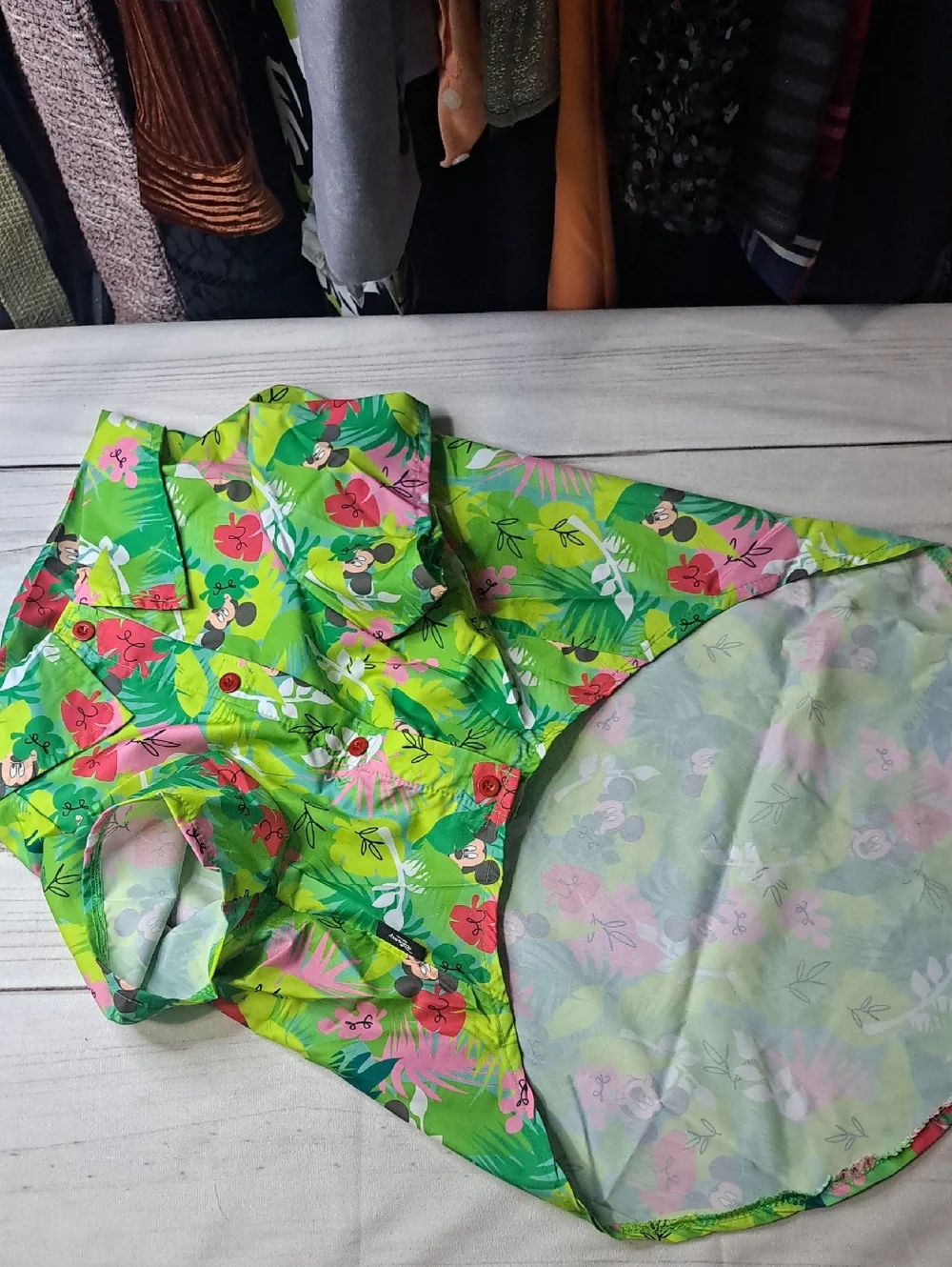 Disney Chewy Collab Green Pink Tropical Mickey Camp Shirt Size XXL
